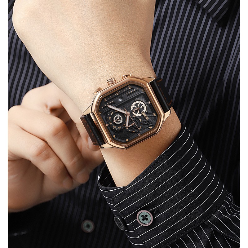 Мужские часы Skmei 1963RG Rose-Gold с секундомером и кожаным ремешком
