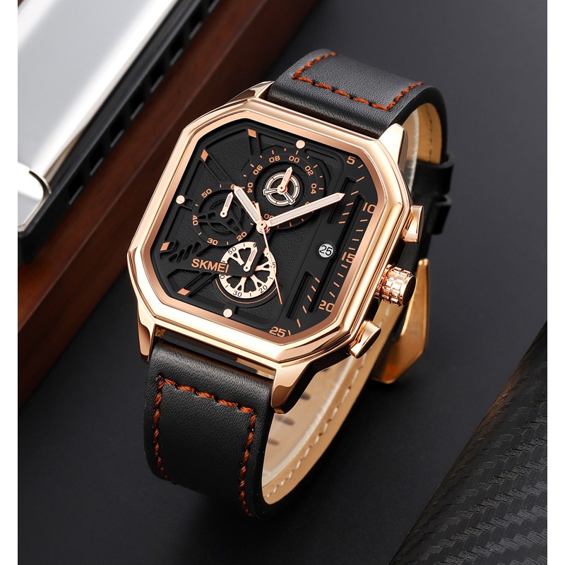 Мужские часы Skmei 1963RG Rose-Gold с секундомером и кожаным ремешком