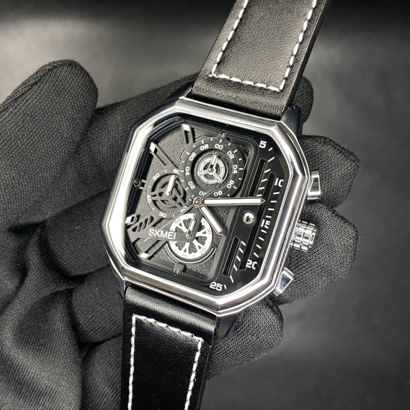 Мужские часы Skmei 1963SI Silver STOPPED с календарем и секундомером в серебристом корпусе