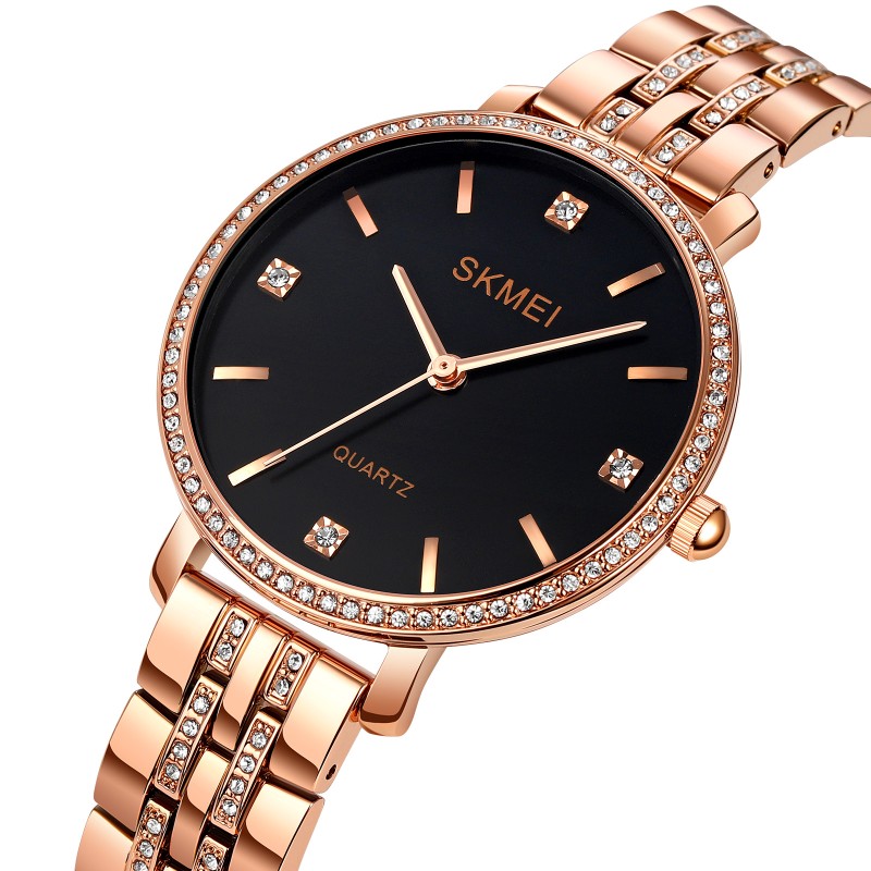 Женские часы Skmei 2006RGBK Rose-Gold-Black с минеральным стеклом и металлическим браслетом