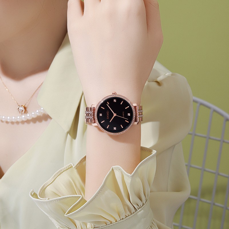 Женские часы Skmei 2006RGBK Rose-Gold-Black с минеральным стеклом и металлическим браслетом
