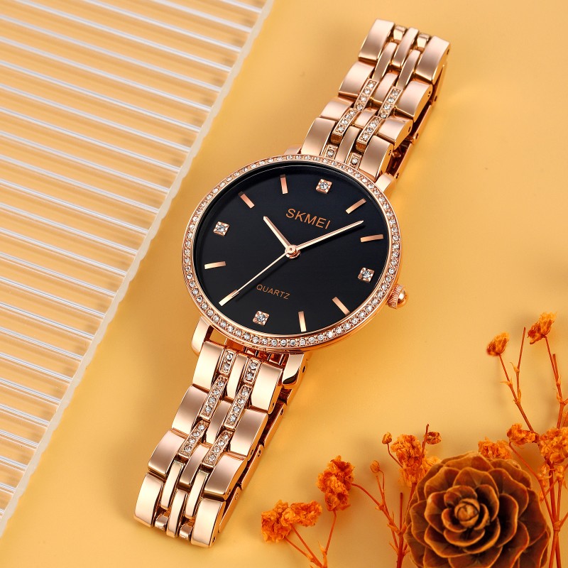 Женские часы Skmei 2006RGBK Rose-Gold-Black с минеральным стеклом и металлическим браслетом