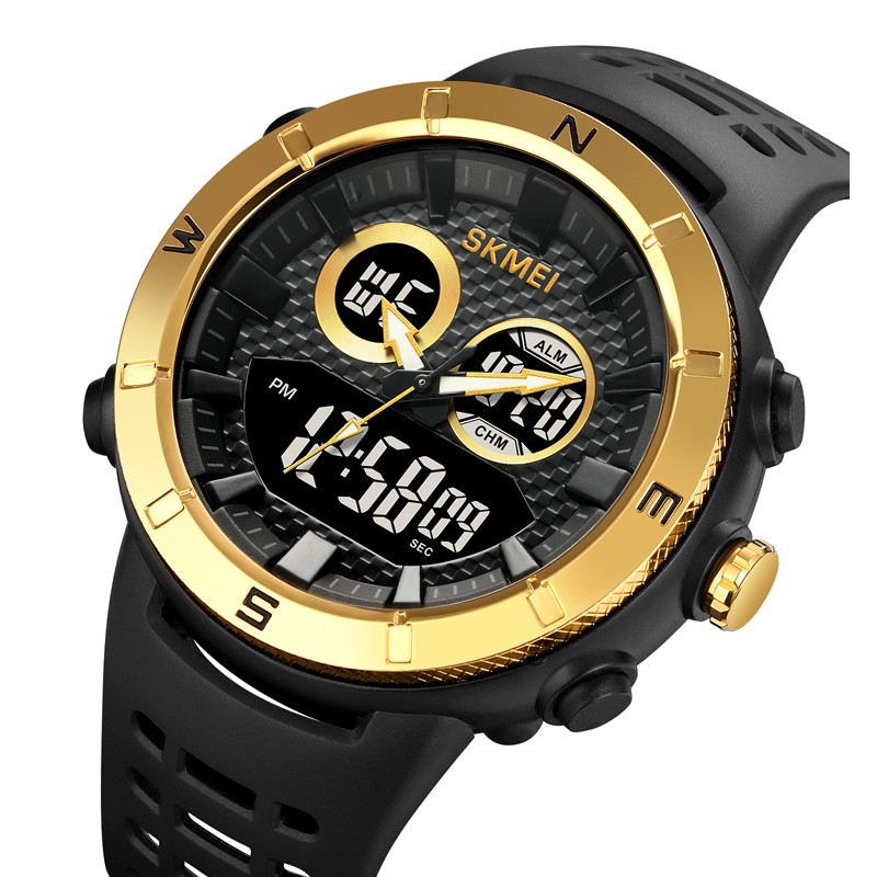 Чоловічий спортивний годинник Skmei 2014GDBK Gold-Black зі стрілково-електронним циферблатом та підсвічуванням