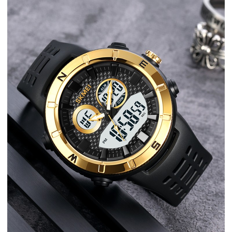 Мужские спортивные часы Skmei 2014GDWT Gold-White с комбинированным циферблатом и подсветкой