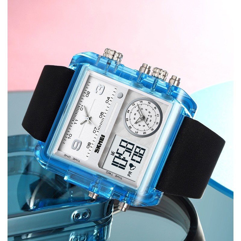 Мужские часы Skmei 2020BU Blue-Transparent с комбинированным циферблатом и будильником
