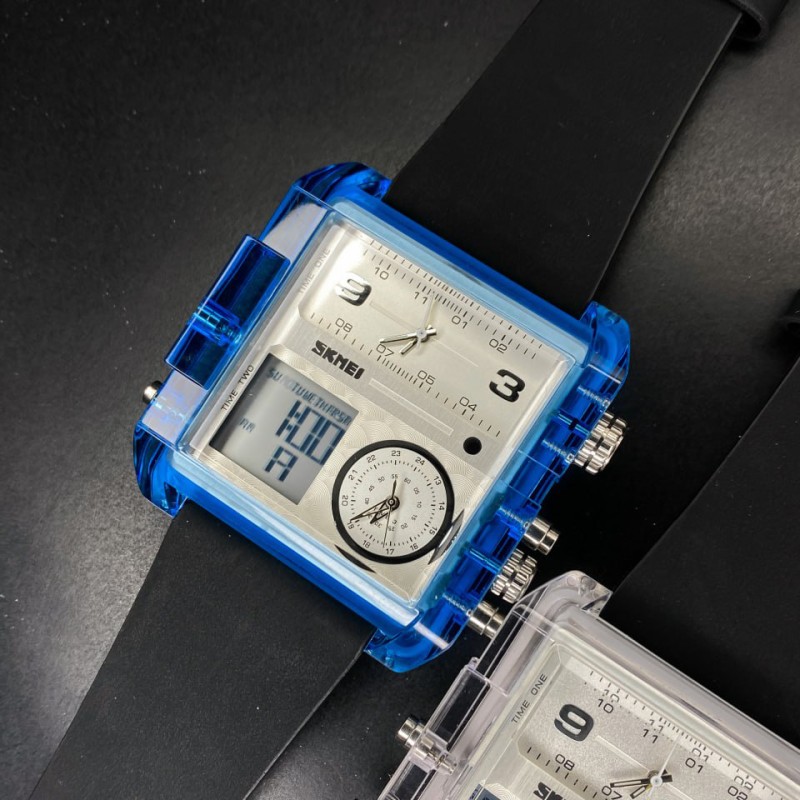 Мужские часы Skmei 2020BU Blue-Transparent с комбинированным циферблатом и будильником