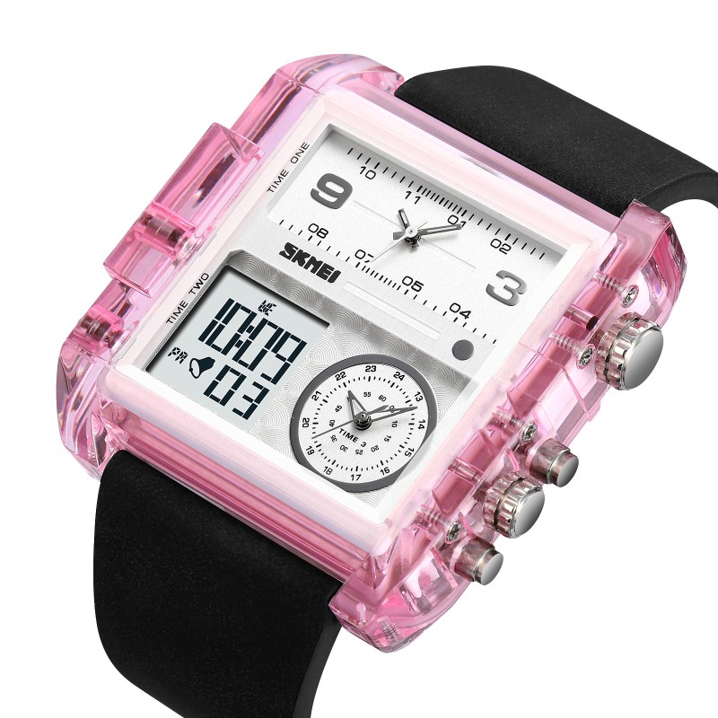 Чоловічий годинник Skmei 2020PK Pink-Transparent зі стрілково-електронним циферблатом та будильником