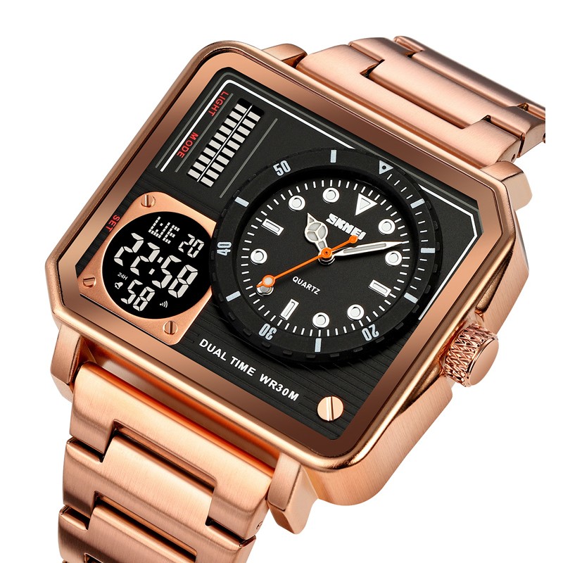 Мужские часы Skmei 2025RG Rose Gold в квадратном корпусе с комбинированным циферблатом