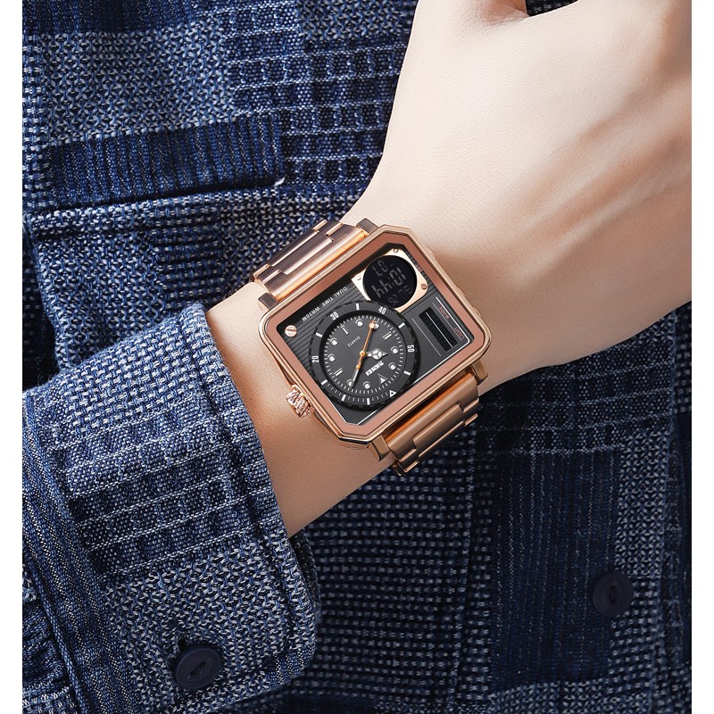 Мужские часы Skmei 2025RG Rose Gold в квадратном корпусе с комбинированным циферблатом