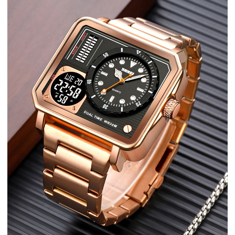 Мужские часы Skmei 2025RG Rose Gold в квадратном корпусе с комбинированным циферблатом