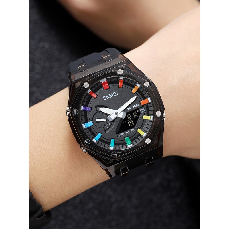 Часы Skmei 2100BKBK Black-Black спортивные унисекс с двойным циферблатом и подсветкой