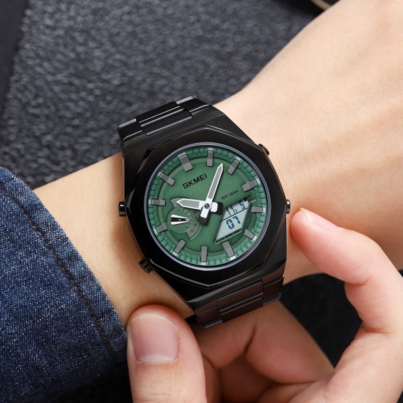 Чоловічий годинник Skmei 1816BKGNWT Black-Green-White з комбінованим циферблатом та металевим браслетом