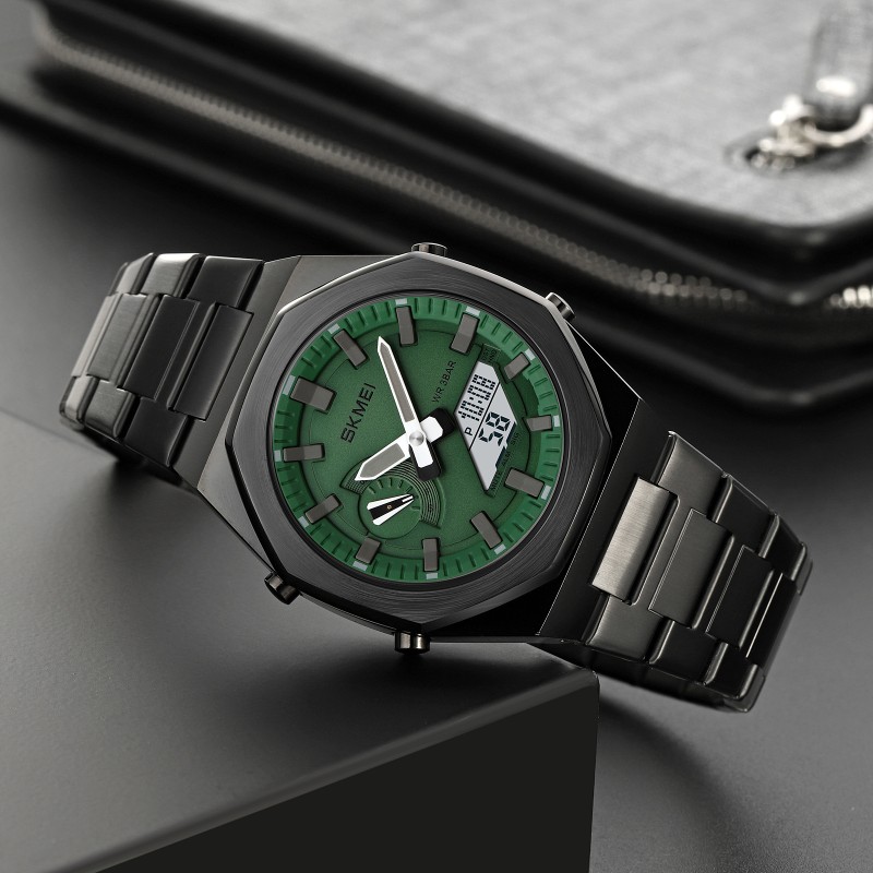 Чоловічий годинник Skmei 1816BKGNWT Black-Green-White з комбінованим циферблатом та металевим браслетом