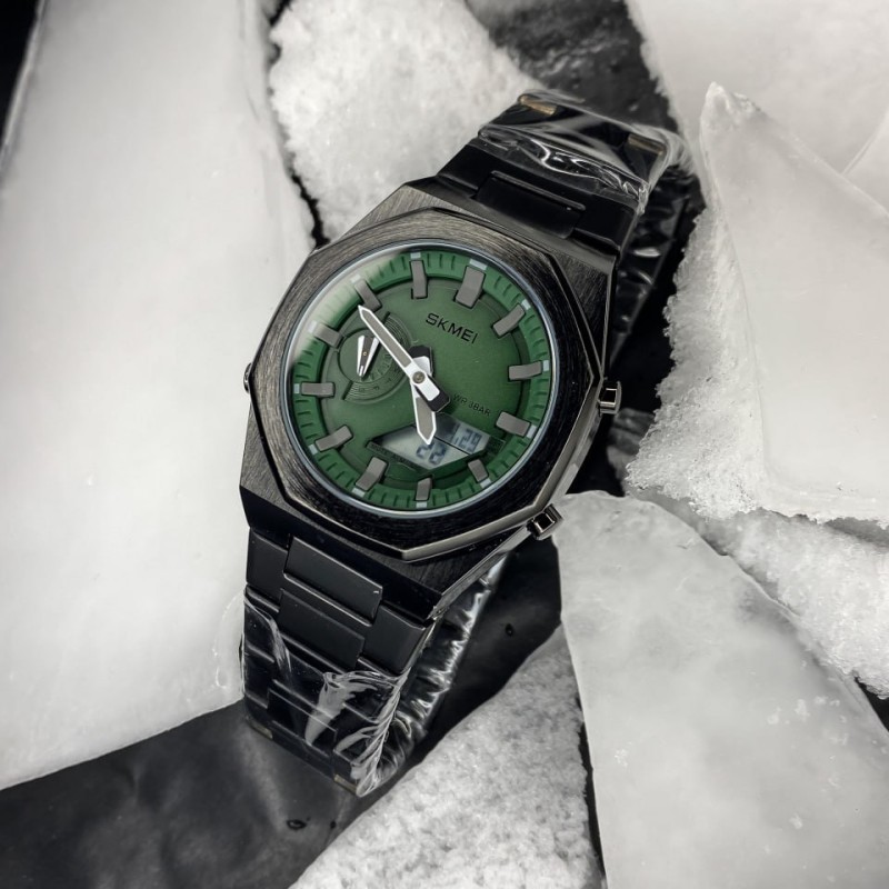 Чоловічий годинник Skmei 1816BKGNWT Black-Green-White з комбінованим циферблатом та металевим браслетом