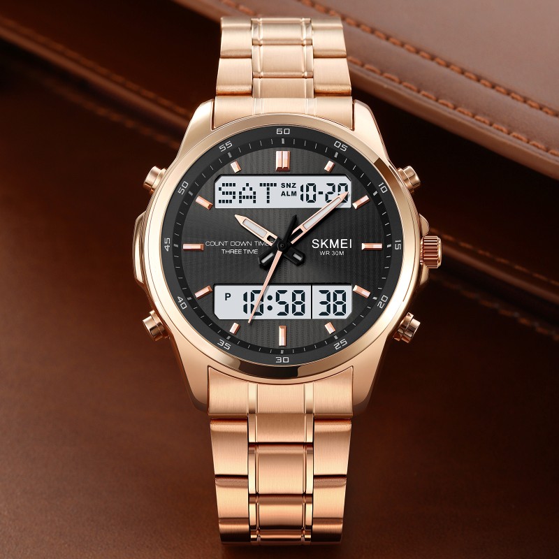 Чоловічий годинник Skmei 2049RGWT Rose Gold-White з комбінованим циферблатом та підсвічуванням