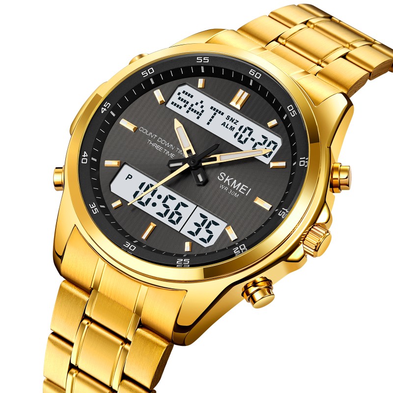 Мужские часы Skmei 2049GDWT Gold-White со стрелочно-электронным циферблатом и подсветкой