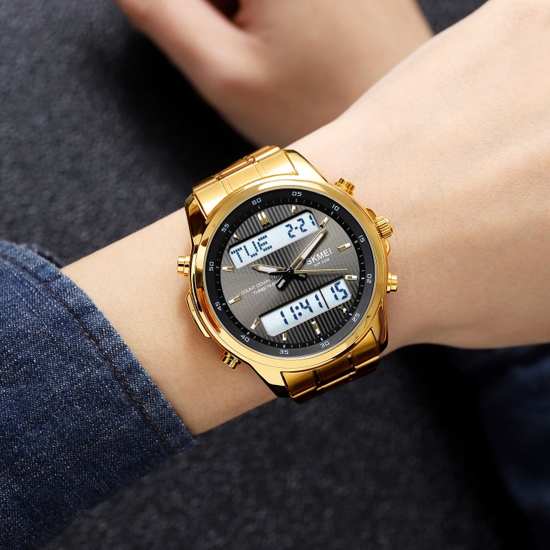 Мужские часы Skmei 2049GDWT Gold-White со стрелочно-электронным циферблатом и подсветкой