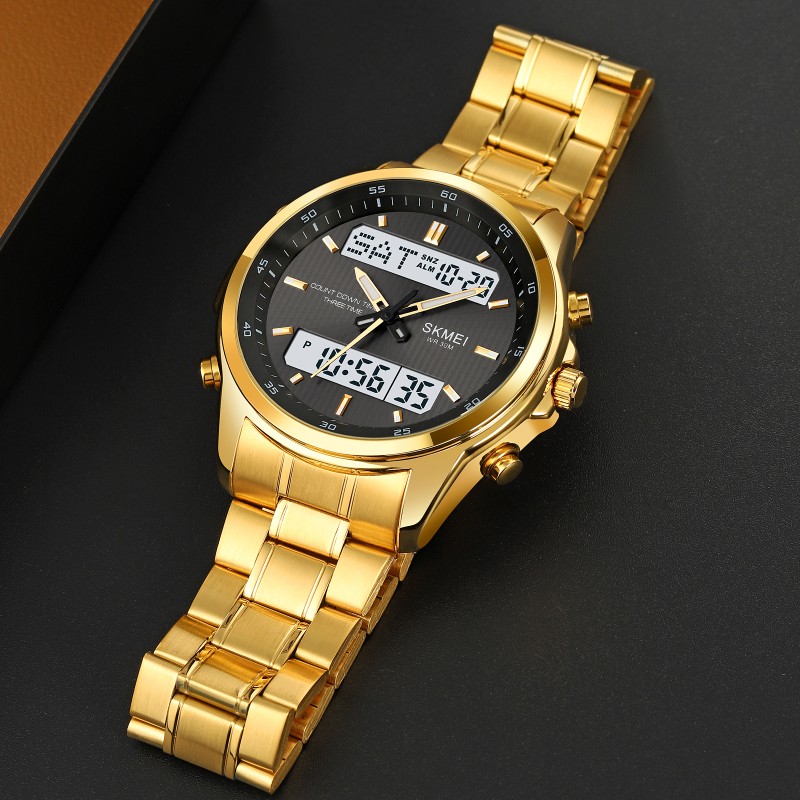 Мужские часы Skmei 2049GDWT Gold-White со стрелочно-электронным циферблатом и подсветкой