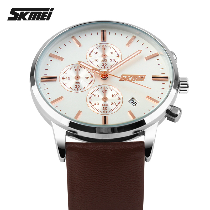 Чоловічий класичний годинник Skmei 9103WTBN White-Brown з хронографом та календарем