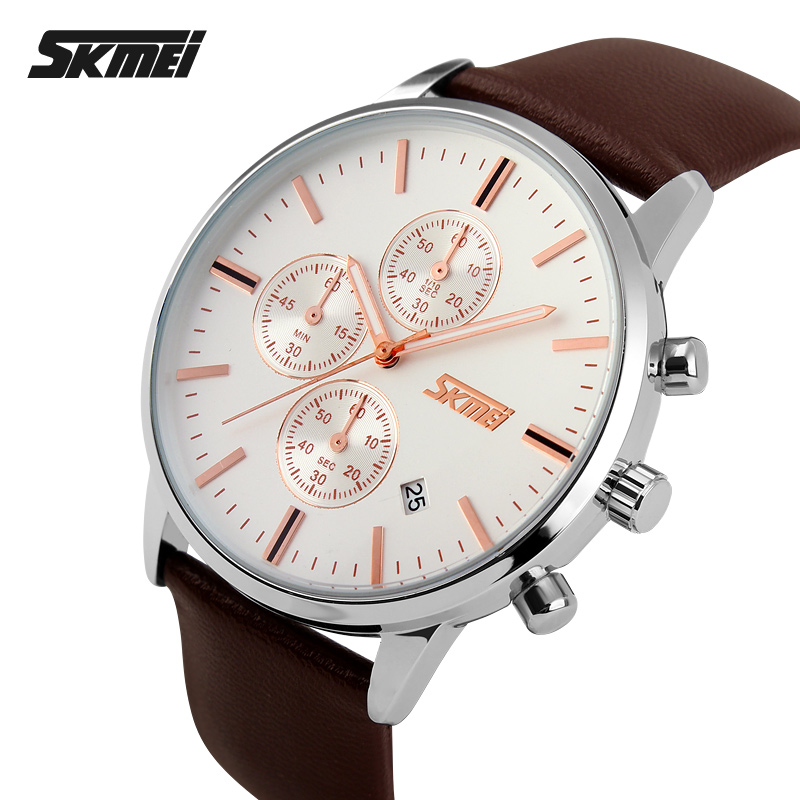 Чоловічий класичний годинник Skmei 9103WTBN White-Brown з хронографом та календарем