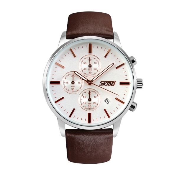 Чоловічий класичний годинник Skmei 9103WTBN White-Brown з хронографом та календарем