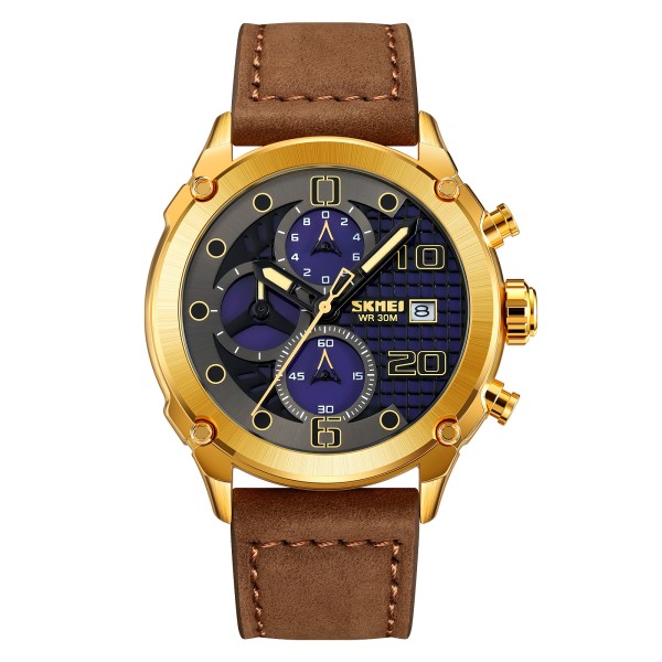 Чоловічий годинник Skmei 2051GDBN Gold-Brown з хронографом та шкіряним ремінцем