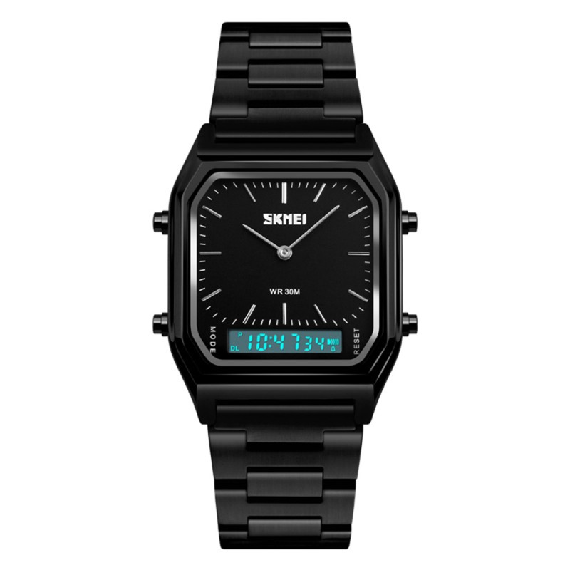 Женские часы Skmei 1220BK Black с комбинированным циферблатом и металлическим браслетом