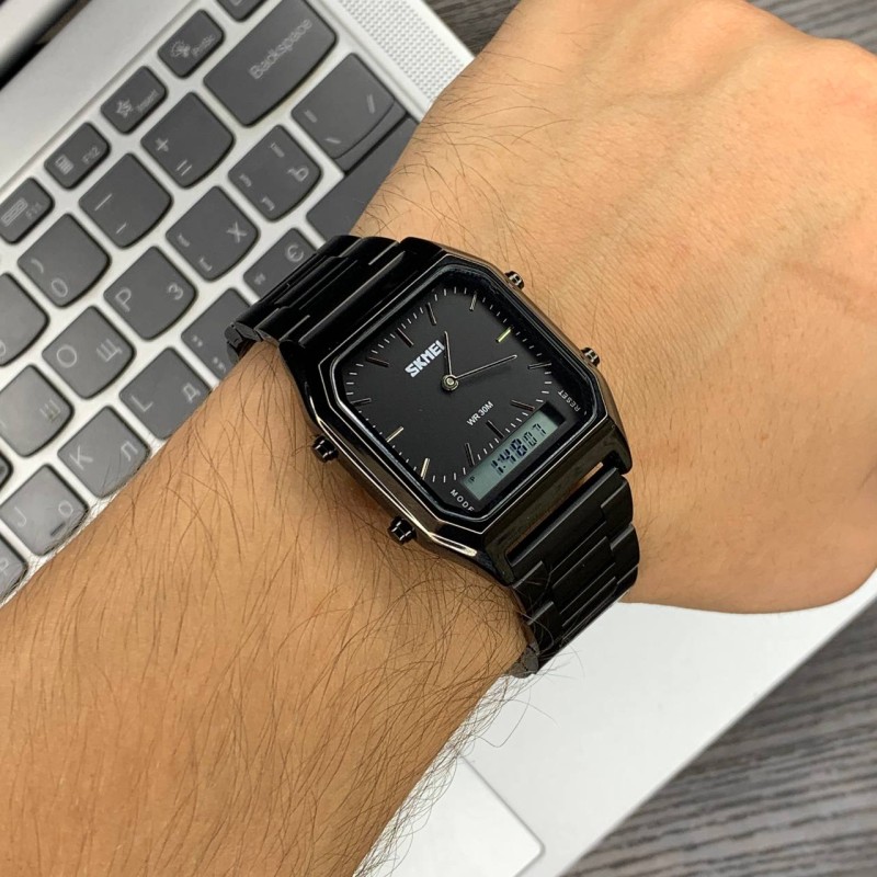 Женские часы Skmei 1220BK Black с комбинированным циферблатом и металлическим браслетом