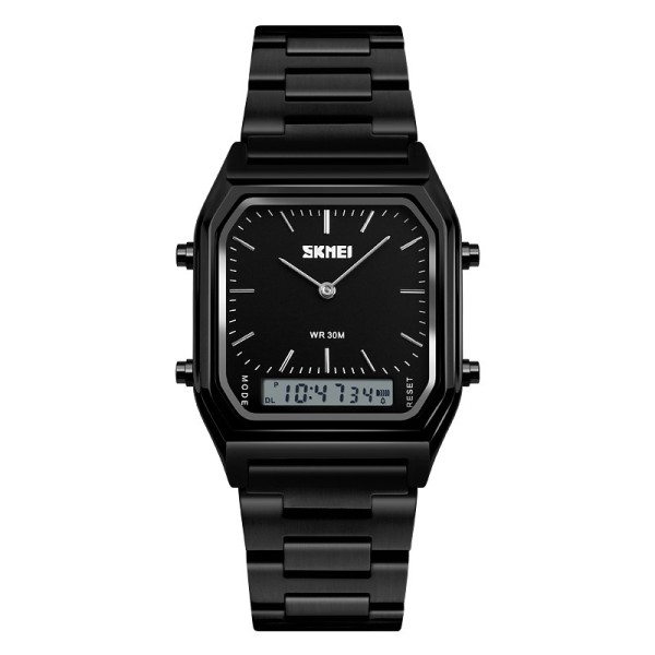 Женские часы Skmei 1220BK Black с комбинированным циферблатом и металлическим браслетом