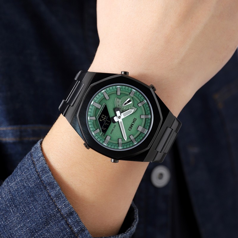Чоловічий годинник Skmei 1816BKGNBK Black Green-Black зі стрілково-електронним циферблатом та підсвічуванням
