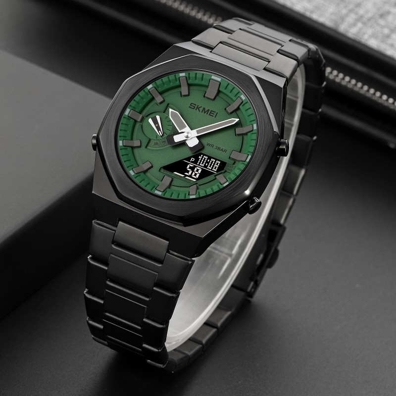 Чоловічий годинник Skmei 1816BKGNBK Black Green-Black зі стрілково-електронним циферблатом та підсвічуванням