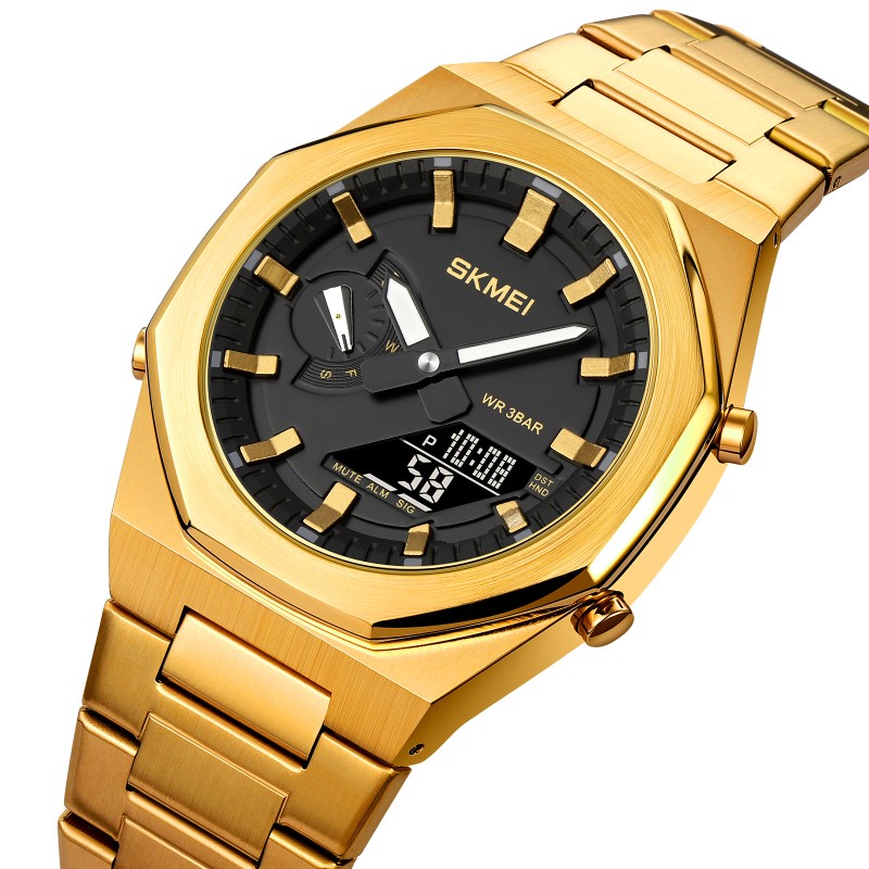 Чоловічий годинник Skmei 1816GDBK Gold-Black з комбінованим циферблатом та підсвічуванням