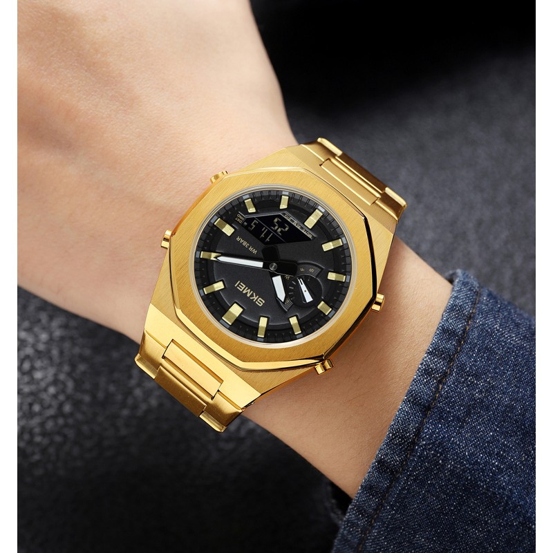 Чоловічий годинник Skmei 1816GDBK Gold-Black з комбінованим циферблатом та підсвічуванням
