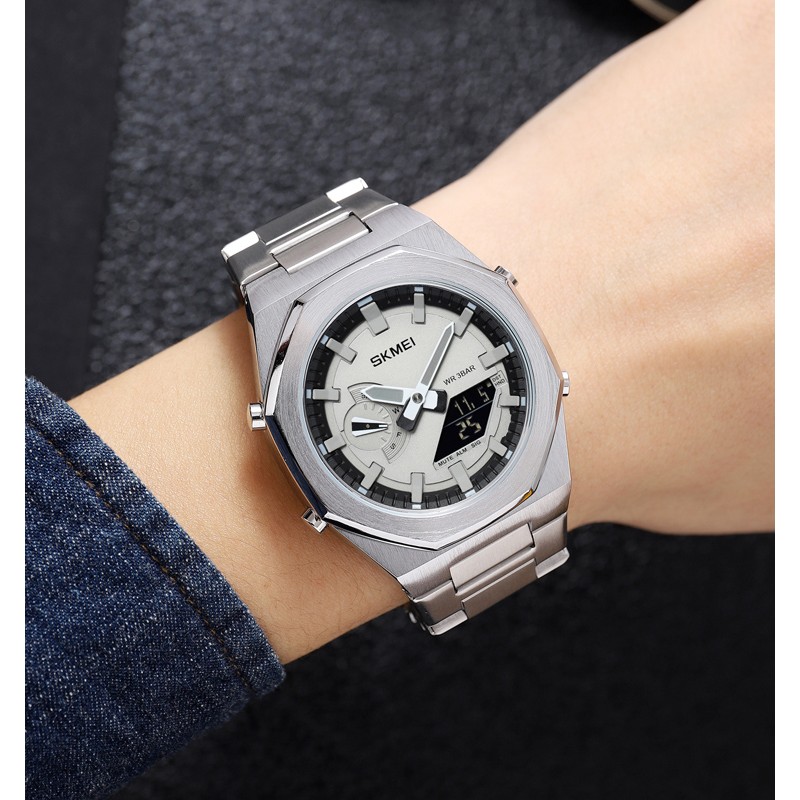 Мужские часы Skmei 1816SIBK Silver-Black со стрелочно-электронным циферблатом и подсветкой