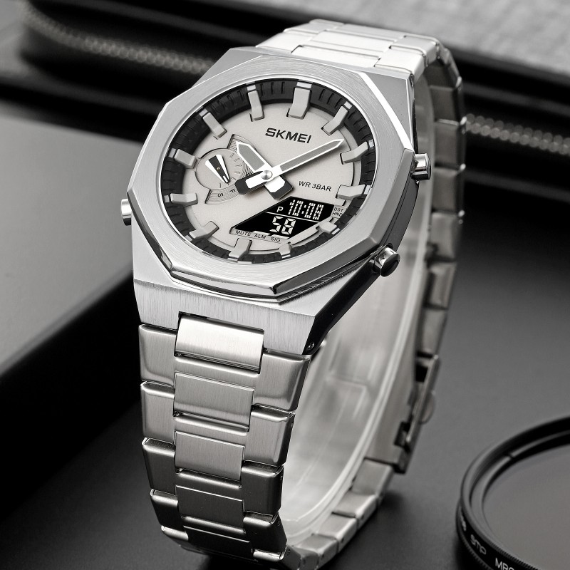 Мужские часы Skmei 1816SIBK Silver-Black со стрелочно-электронным циферблатом и подсветкой