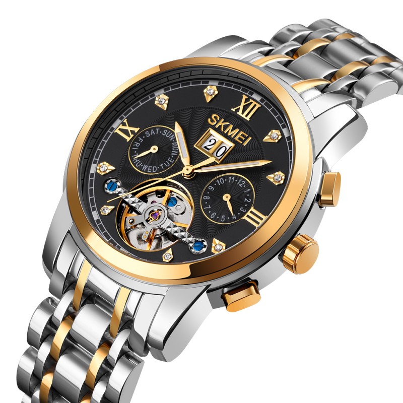 Жіночий механічний годинник Skmei M029TGDBK Gold-Silver-Black з автопідзаводом та календарем