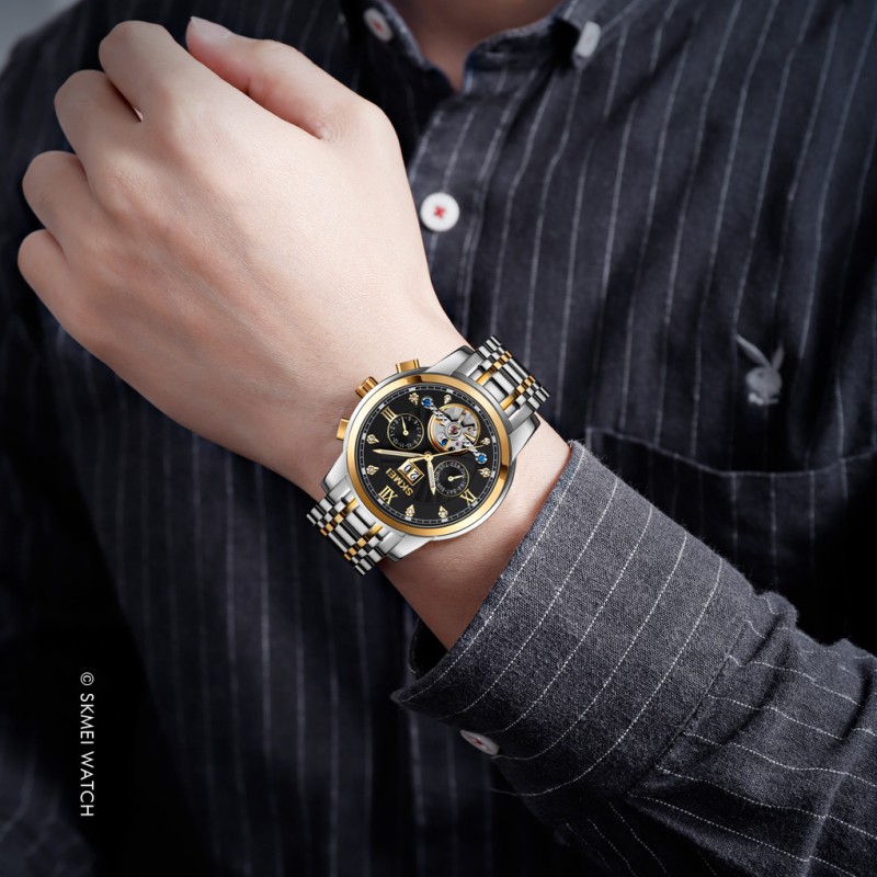 Жіночий механічний годинник Skmei M029TGDBK Gold-Silver-Black з автопідзаводом та календарем
