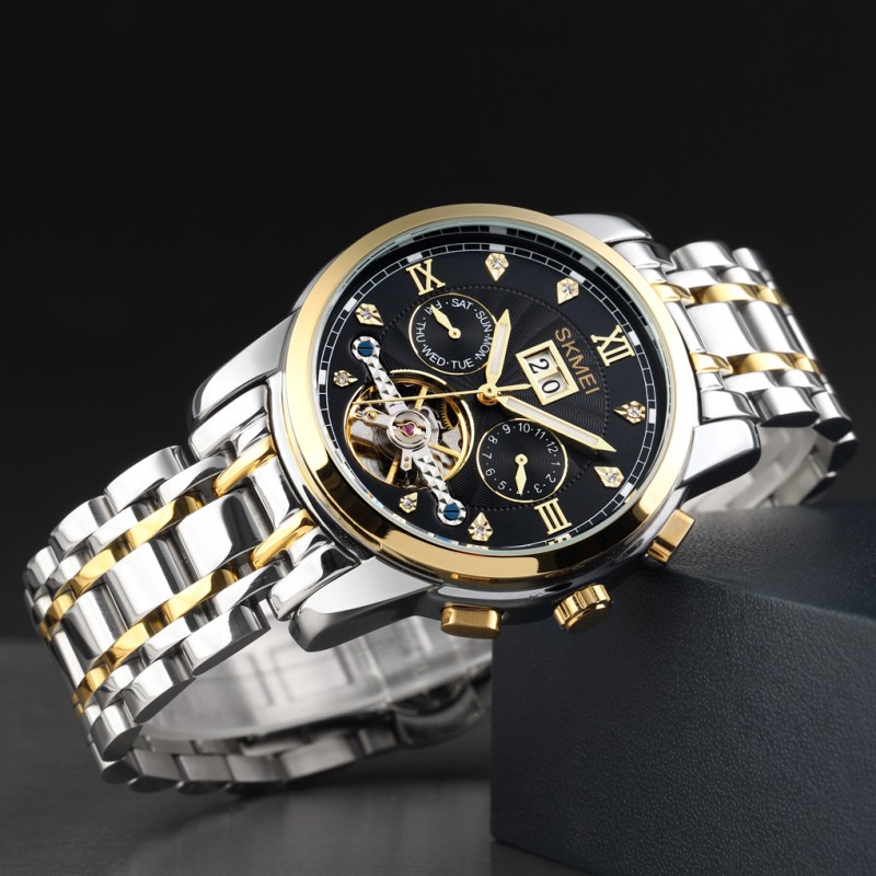 Жіночий механічний годинник Skmei M029TGDBK Gold-Silver-Black з автопідзаводом та календарем