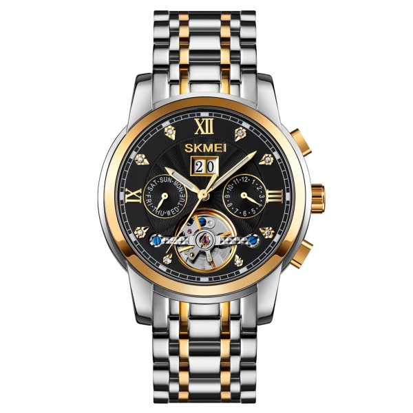 Жіночий механічний годинник Skmei M029TGDBK Gold-Silver-Black з автопідзаводом та календарем