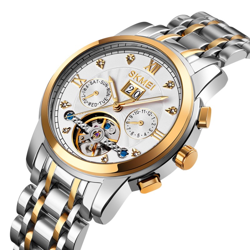 Женские механические часы Skmei M029TGDSI Gold-Silver-Silver с автоподзаводом и календарем