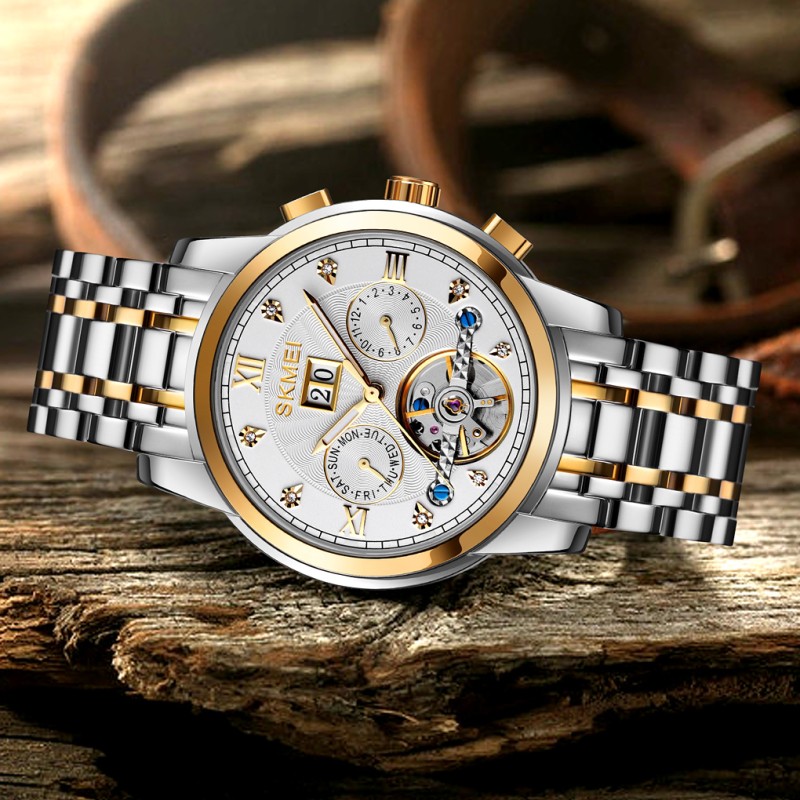 Женские механические часы Skmei M029TGDSI Gold-Silver-Silver с автоподзаводом и календарем