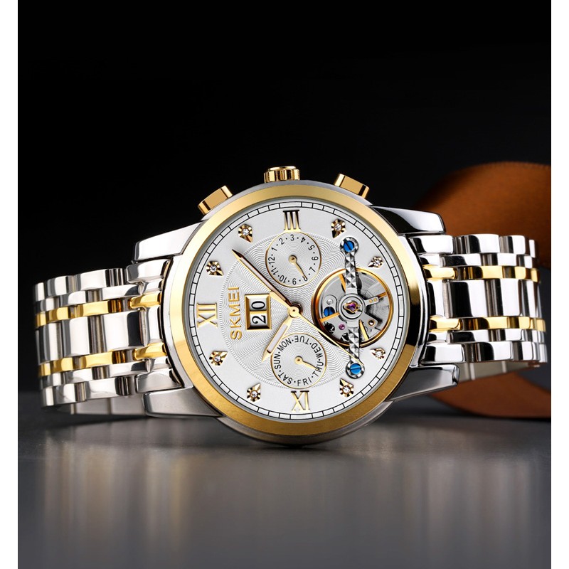 Женские механические часы Skmei M029TGDSI Gold-Silver-Silver с автоподзаводом и календарем