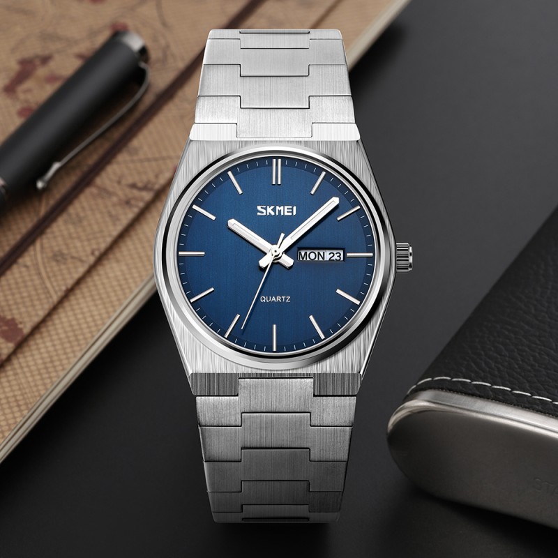 Чоловічий класичний годинник Skmei 9288SIBU Silver-Blue зі сріблястим браслетом та синім циферблатом