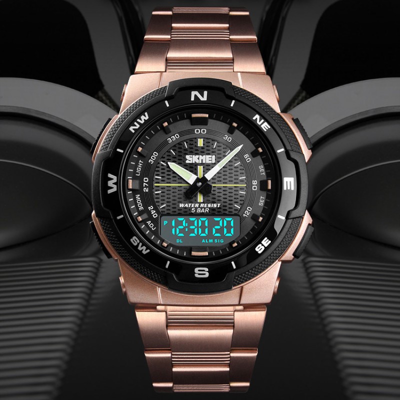 Мужские часы Skmei 1370RG Rose Gold с комбинированным циферблатом и подсветкой