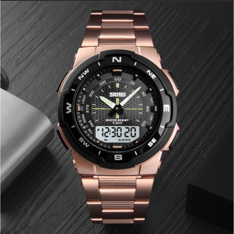 Мужские часы Skmei 1370RG Rose Gold с комбинированным циферблатом и подсветкой