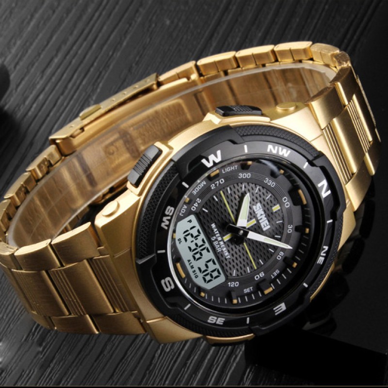 Мужские часы Skmei 1370GD Gold — Спортивные золотистые часы с комбинированным циферблатом