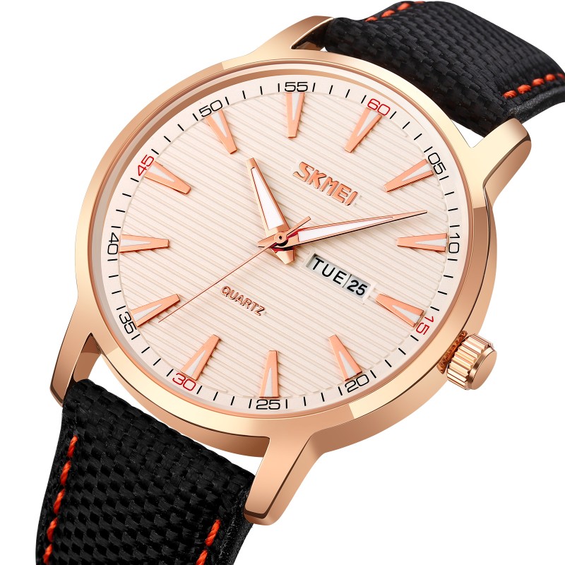 Мужские классические часы Skmei 9303RGSI Rose Gold-Silver с календарем и нейлоновым ремешком