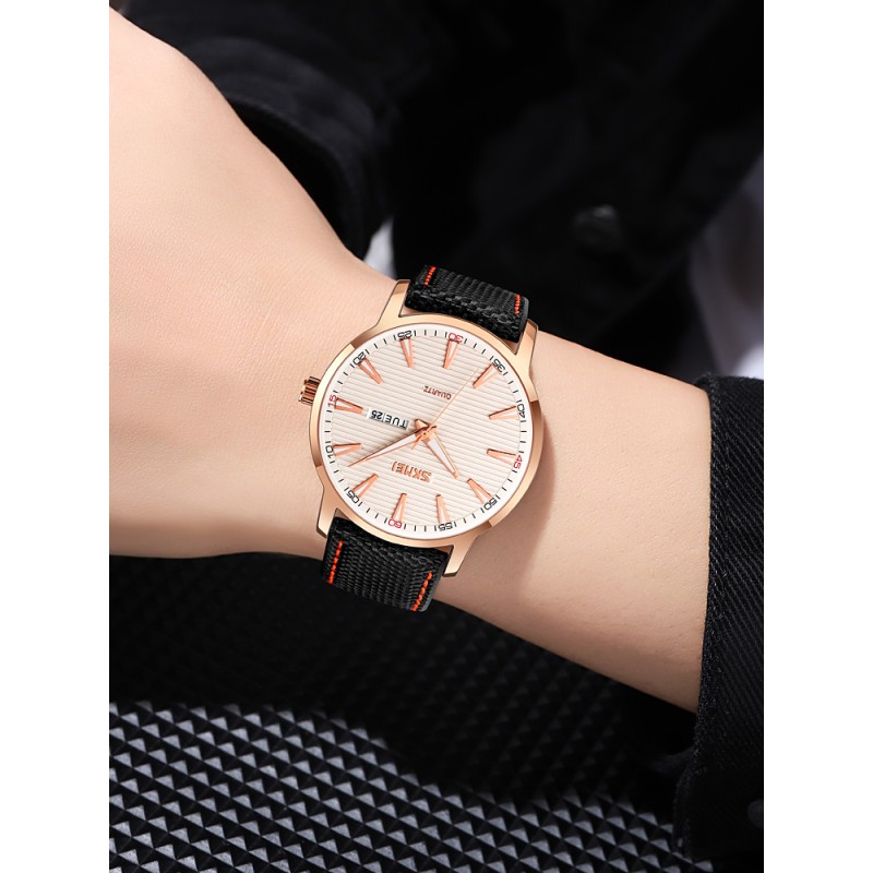 Мужские классические часы Skmei 9303RGSI Rose Gold-Silver с календарем и нейлоновым ремешком