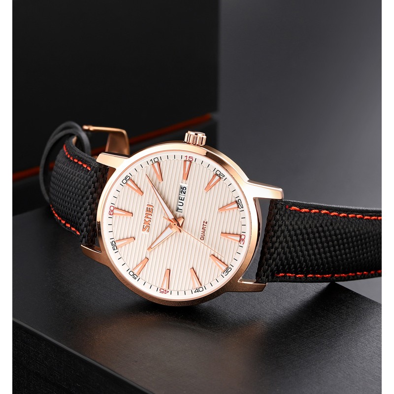 Мужские классические часы Skmei 9303RGSI Rose Gold-Silver с календарем и нейлоновым ремешком