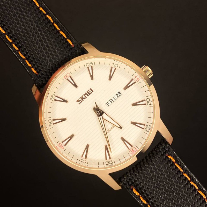 Мужские классические часы Skmei 9303RGSI Rose Gold-Silver с календарем и нейлоновым ремешком